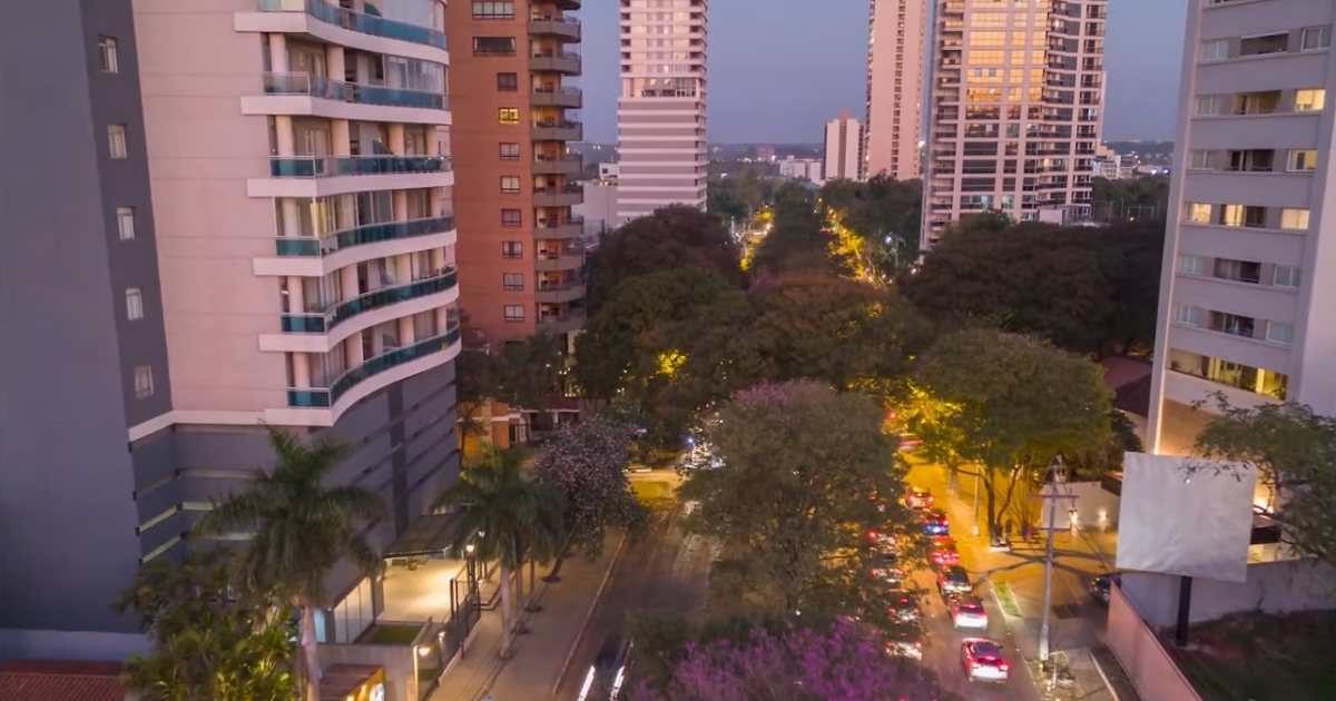 Edificios de departamentos y casas en un barrio residencial de Asunción, con lapachos en flor