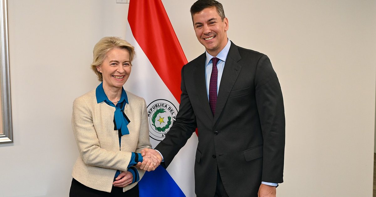 El presidente Santiago Peña, junto a la bandera paraguaya, en una reunión oficial de 2024