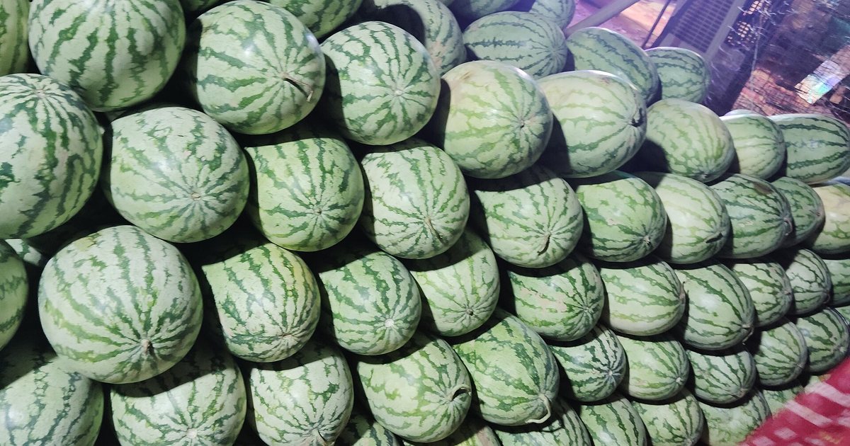 Sandías apiladas en un puesto de venta
